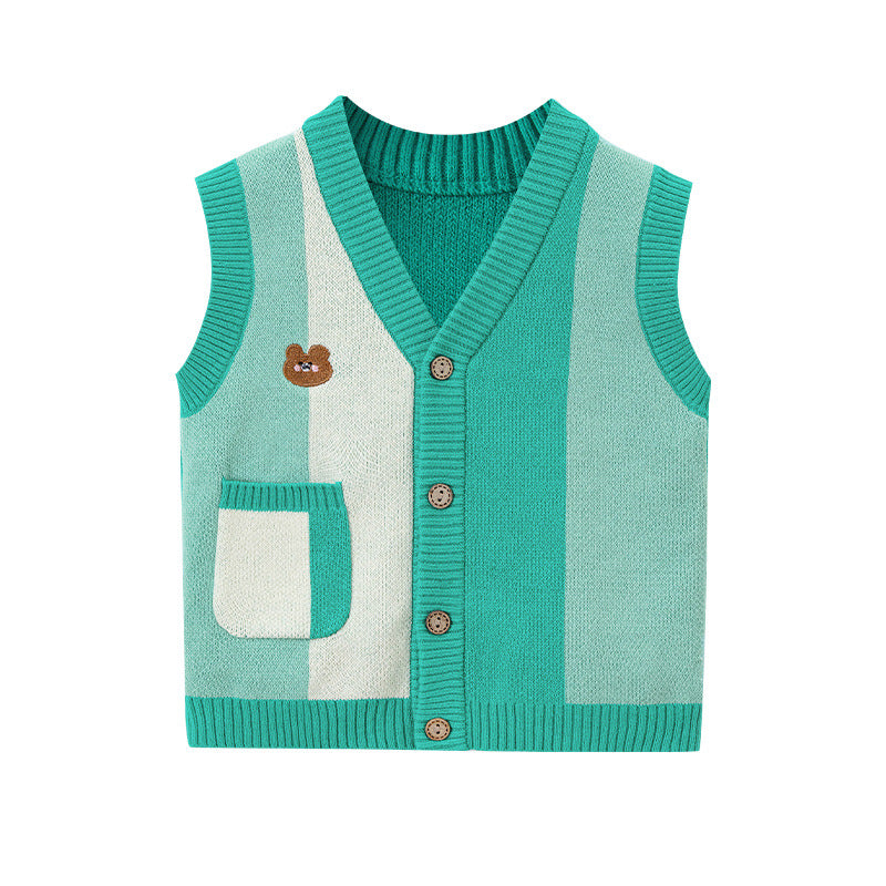 Cartoon Bear Pattern V-Neck Design Knitwear in vibrant green color, made from soft cotton, suitable for babies and toddlers.