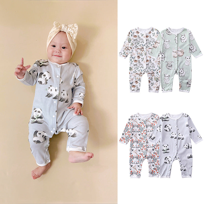 A collection of Cartoon Graphic Crewneck Comfy Rompers in various colors and playful designs for babies.