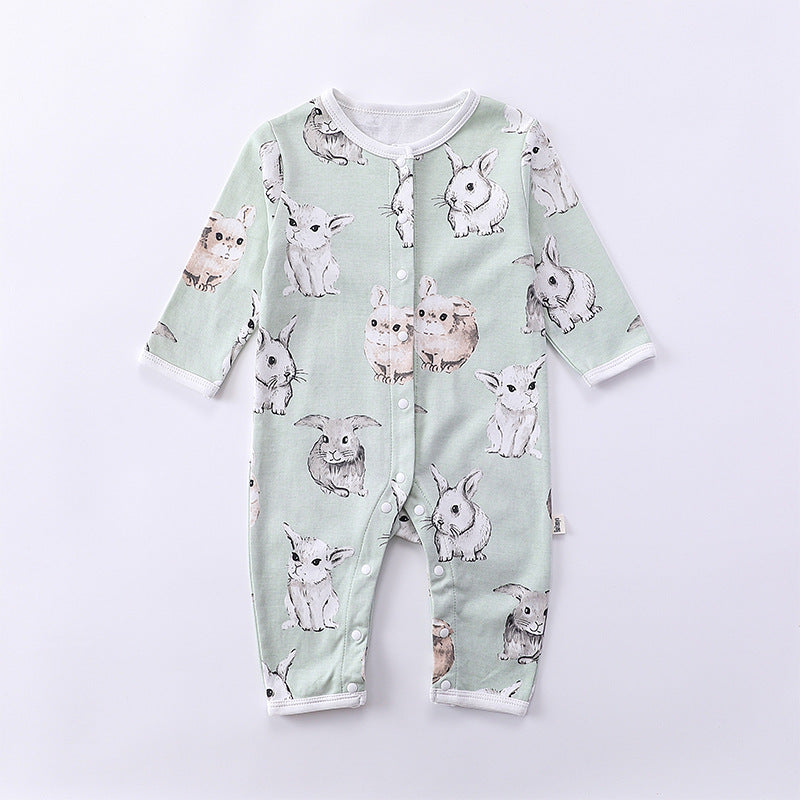 A collection of Cartoon Graphic Crewneck Comfy Rompers in various colors and playful designs for babies.