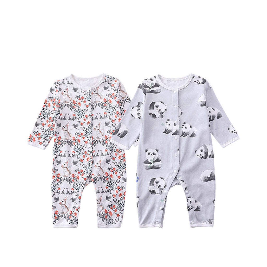 A collection of Cartoon Graphic Crewneck Comfy Rompers in various colors and playful designs for babies.