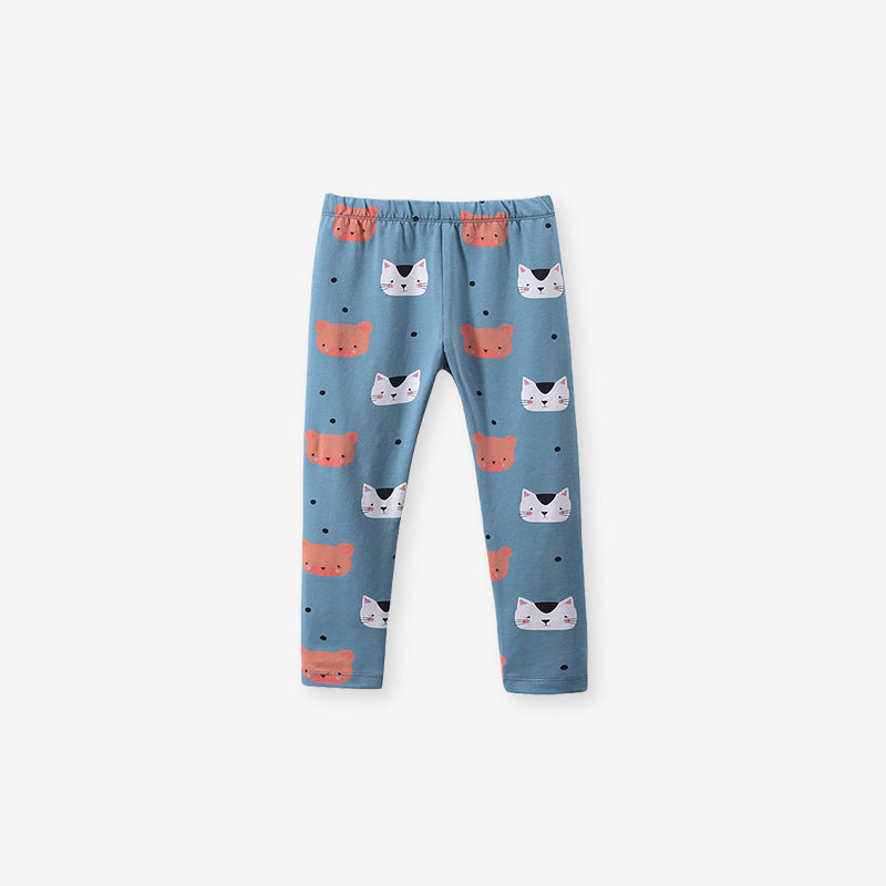 A vibrant blue cartoon pattern shirt and leggings set for baby girls and girls, showcasing playful designs and comfortable cotton material.