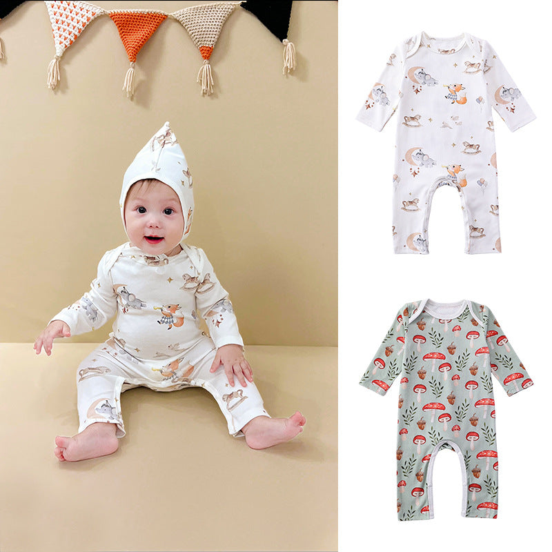 Cartoon Pattern Soft Cotton Sleeper Romper in white and green with floral design, suitable for baby girls and boys.