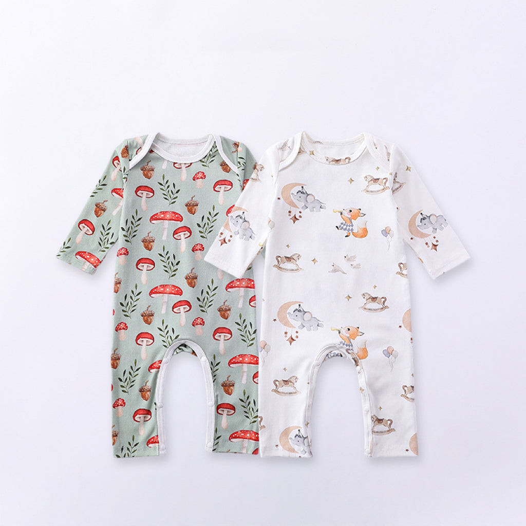 Cartoon Pattern Soft Cotton Sleeper Romper in white and green with floral design, suitable for baby girls and boys.