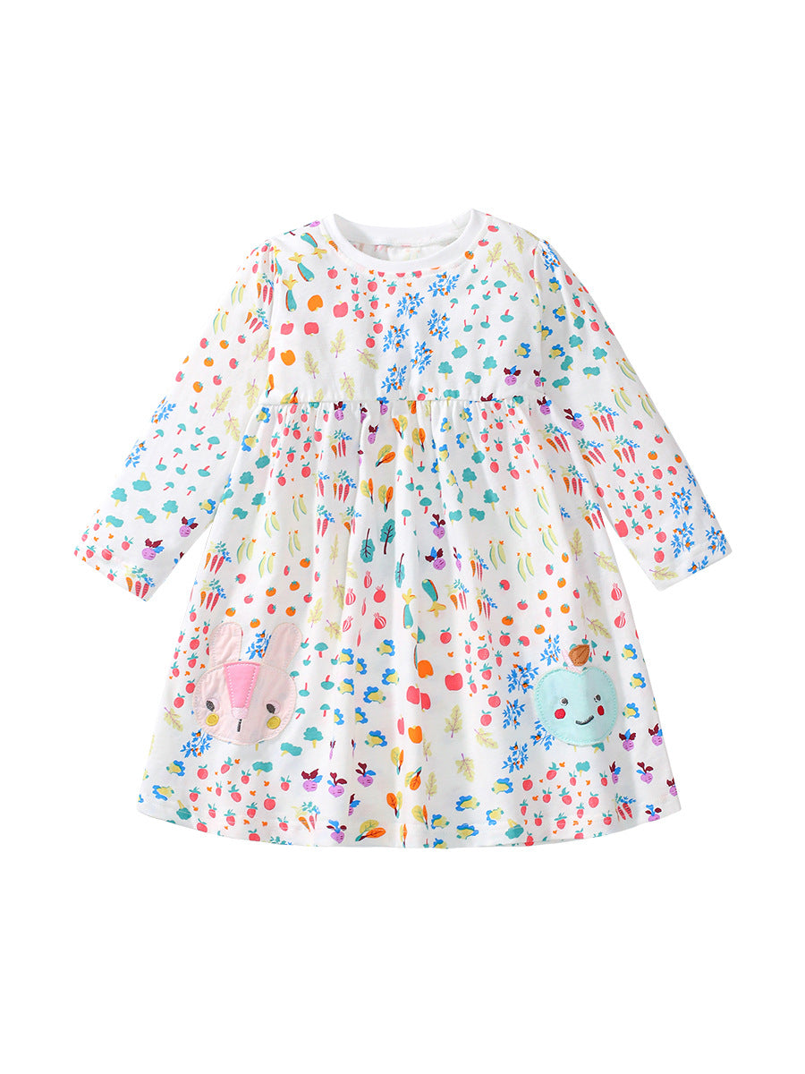 Colorful cartoon fruits pattern long sleeve shirt for girls, made of soft cotton, perfect for autumn and spring wear.