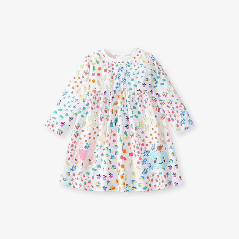 Colorful cartoon fruits pattern long sleeve shirt for girls, made of soft cotton, perfect for autumn and spring wear.