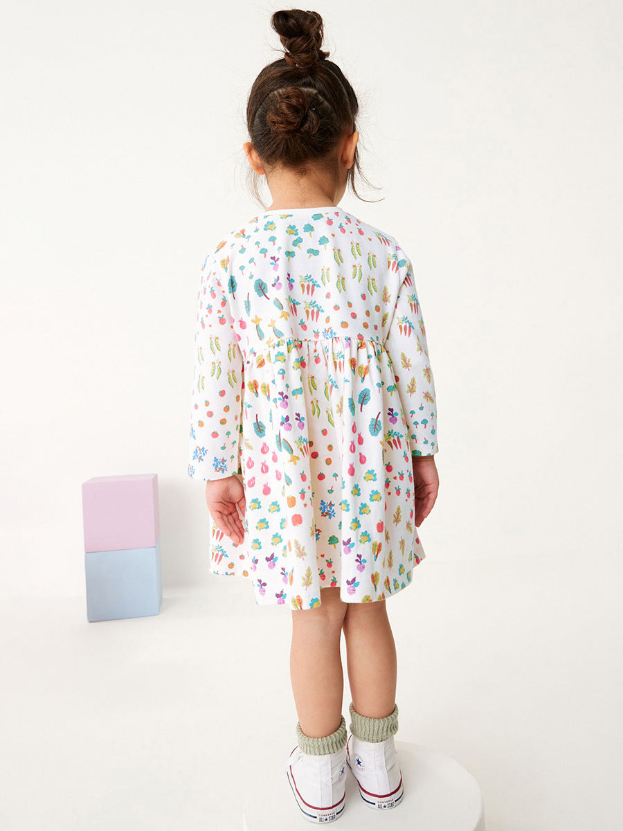 Colorful cartoon fruits pattern long sleeve shirt for girls, made of soft cotton, perfect for autumn and spring wear.