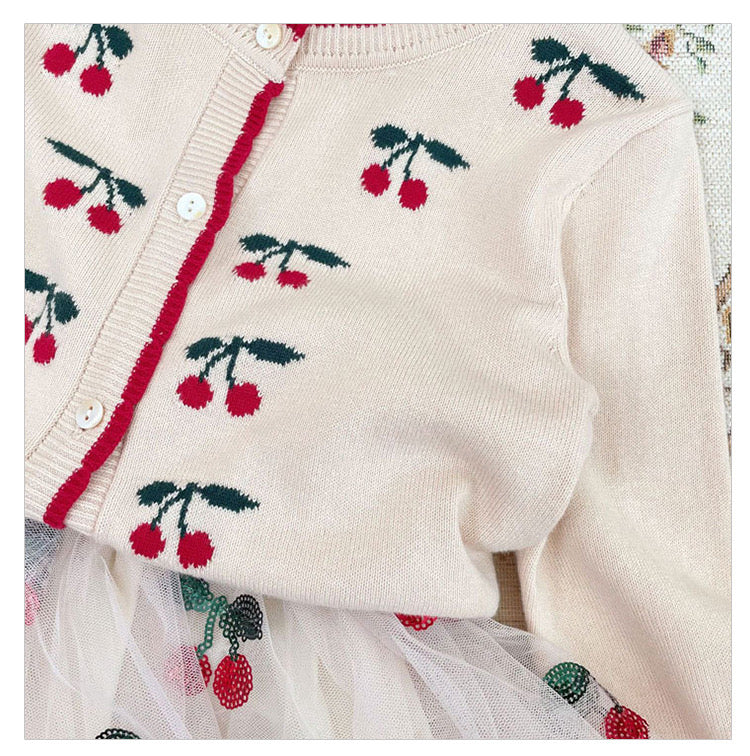 A beige cardigan for baby girls featuring cherry embroidery design, made from soft cotton material.