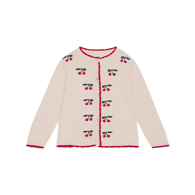 A beige cardigan for baby girls featuring cherry embroidery design, made from soft cotton material.