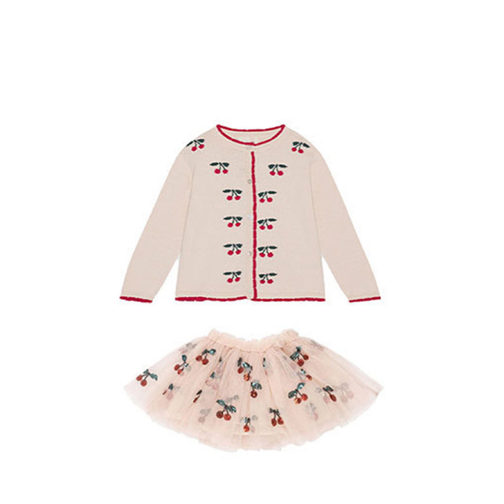 A beige cardigan for baby girls featuring cherry embroidery design, made from soft cotton material.