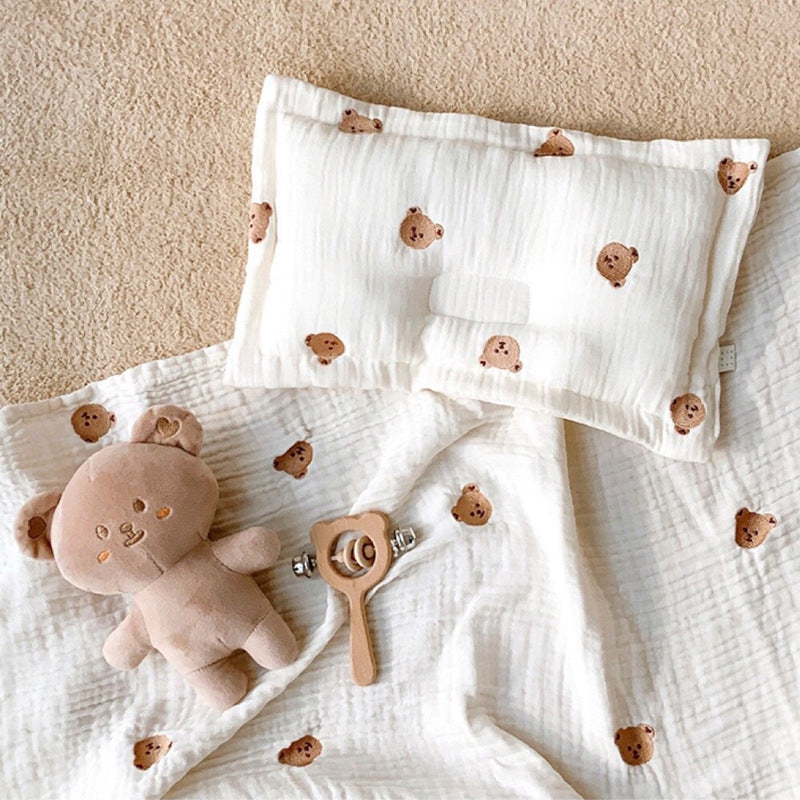 Children Molded Pillow in pink, green, and brown colors, made of soft gauze cotton with embroidered patterns.