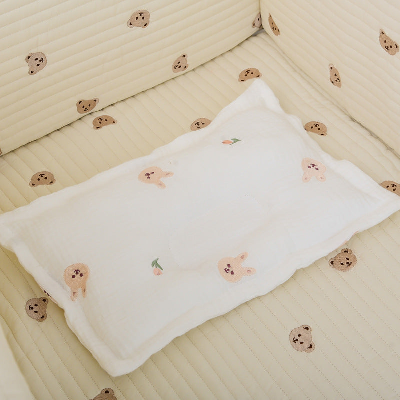 Children Molded Pillow in pink, green, and brown colors, made of soft gauze cotton with embroidered patterns.