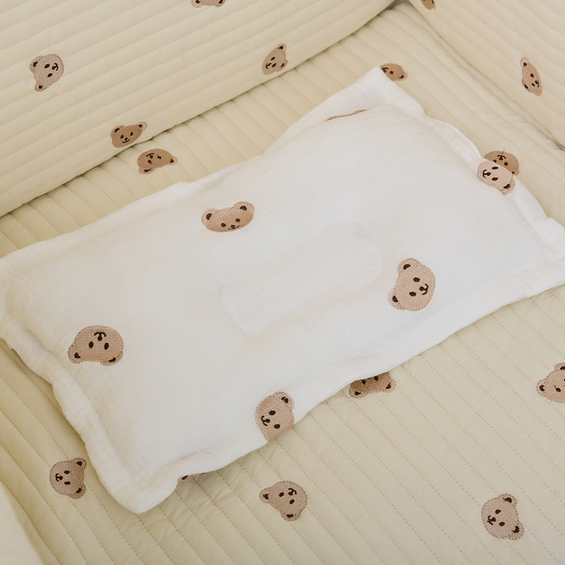 Children Molded Pillow in pink, green, and brown colors, made of soft gauze cotton with embroidered patterns.