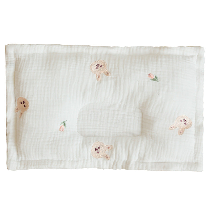 Children Molded Pillow in pink, green, and brown colors, made of soft gauze cotton with embroidered patterns.