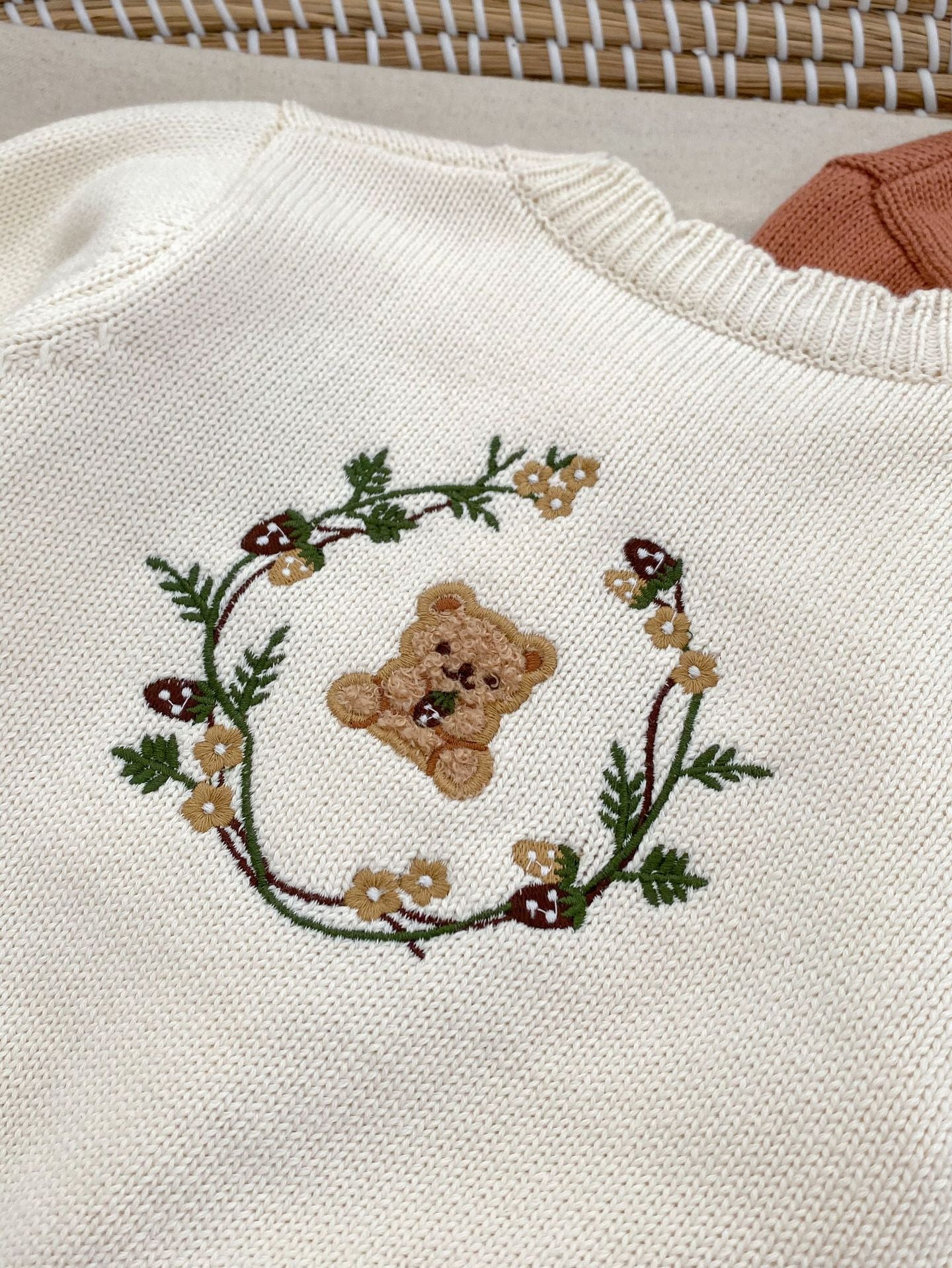 Children's knitted teddy bear cardigan in beige and brown, featuring an embroidered teddy bear design, perfect for spring wear.