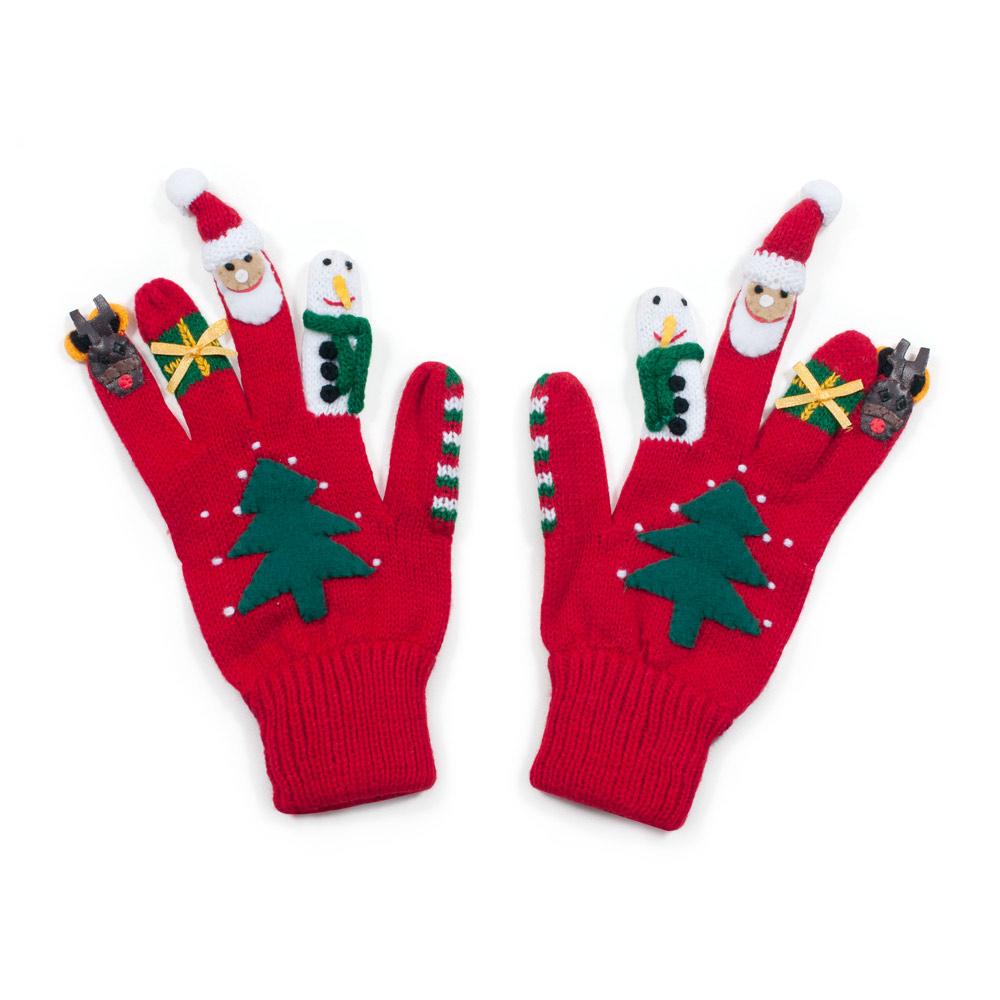 A pair of colorful Christmas gloves featuring festive designs like Santa, reindeer, and a snowman, perfect for holiday fun.