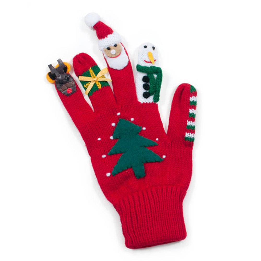 A pair of colorful Christmas gloves featuring festive designs like Santa, reindeer, and a snowman, perfect for holiday fun.