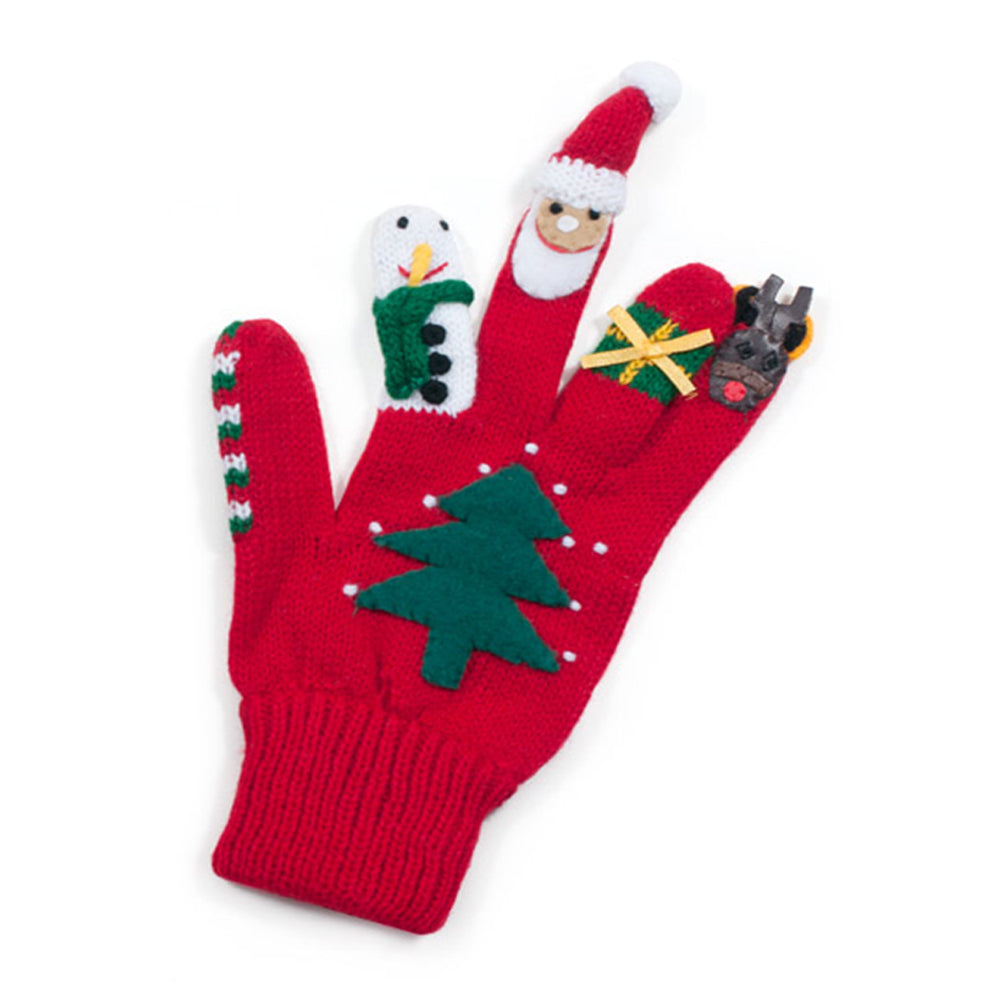 A pair of colorful Christmas gloves featuring festive designs like Santa, reindeer, and a snowman, perfect for holiday fun.