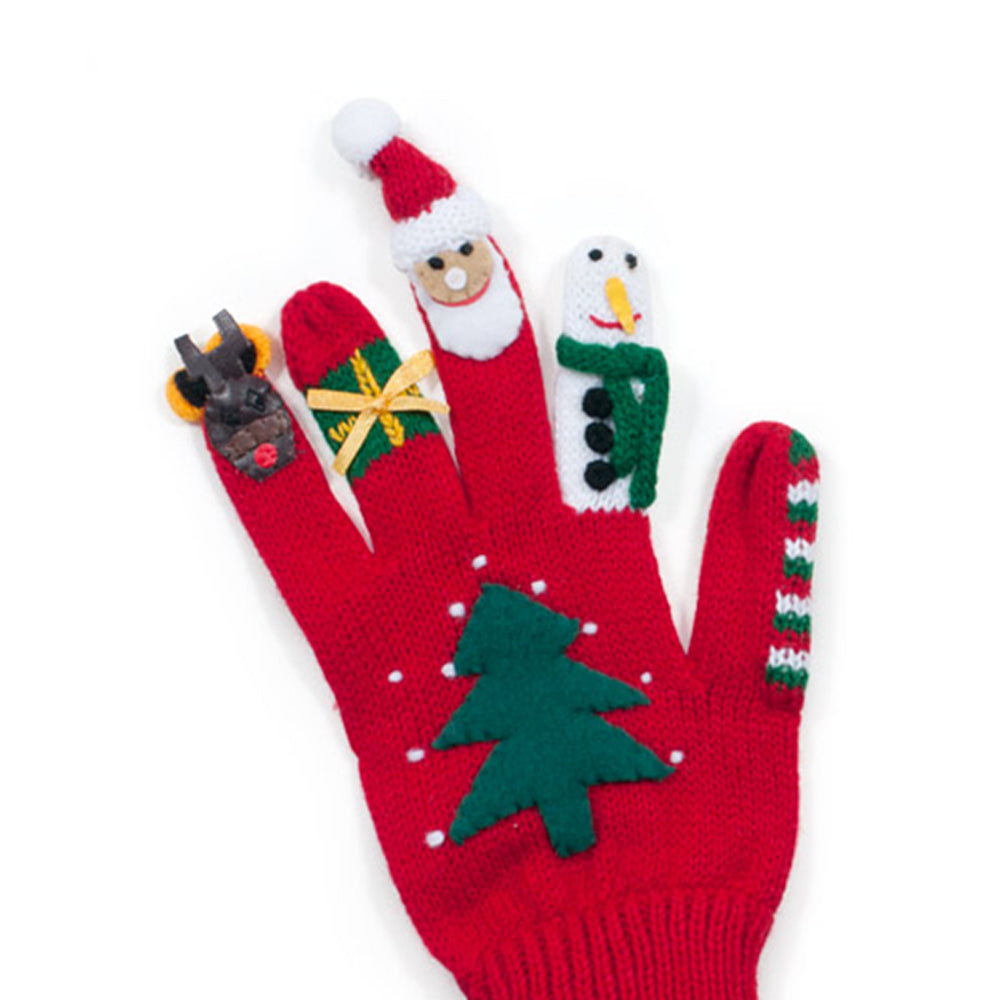 A pair of colorful Christmas gloves featuring festive designs like Santa, reindeer, and a snowman, perfect for holiday fun.