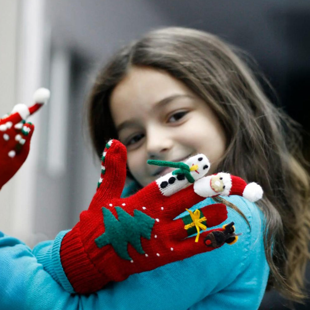 A pair of colorful Christmas gloves featuring festive designs like Santa, reindeer, and a snowman, perfect for holiday fun.