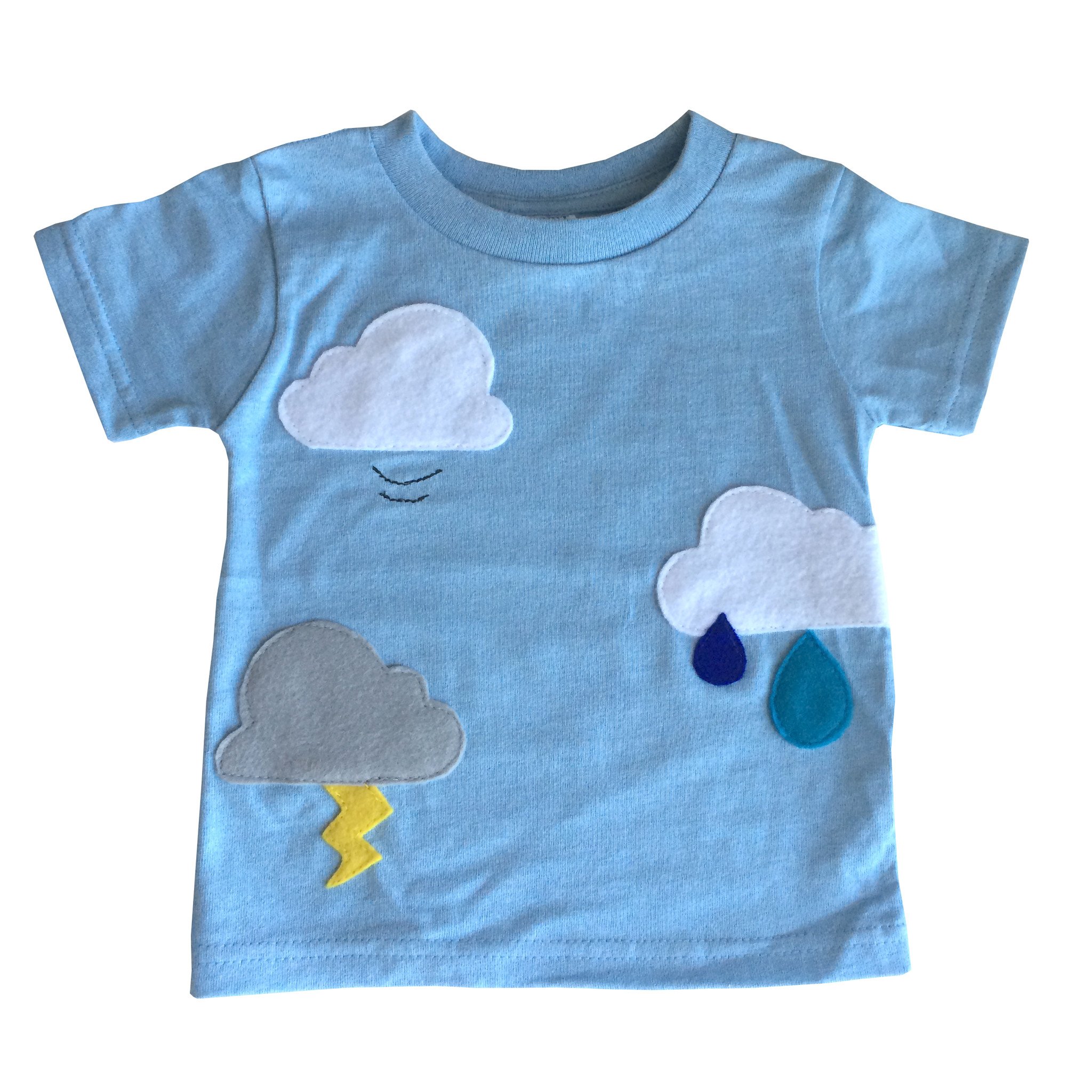 A colorful kids shirt featuring cute cloud appliqués, handmade with love, perfect for infants and toddlers.