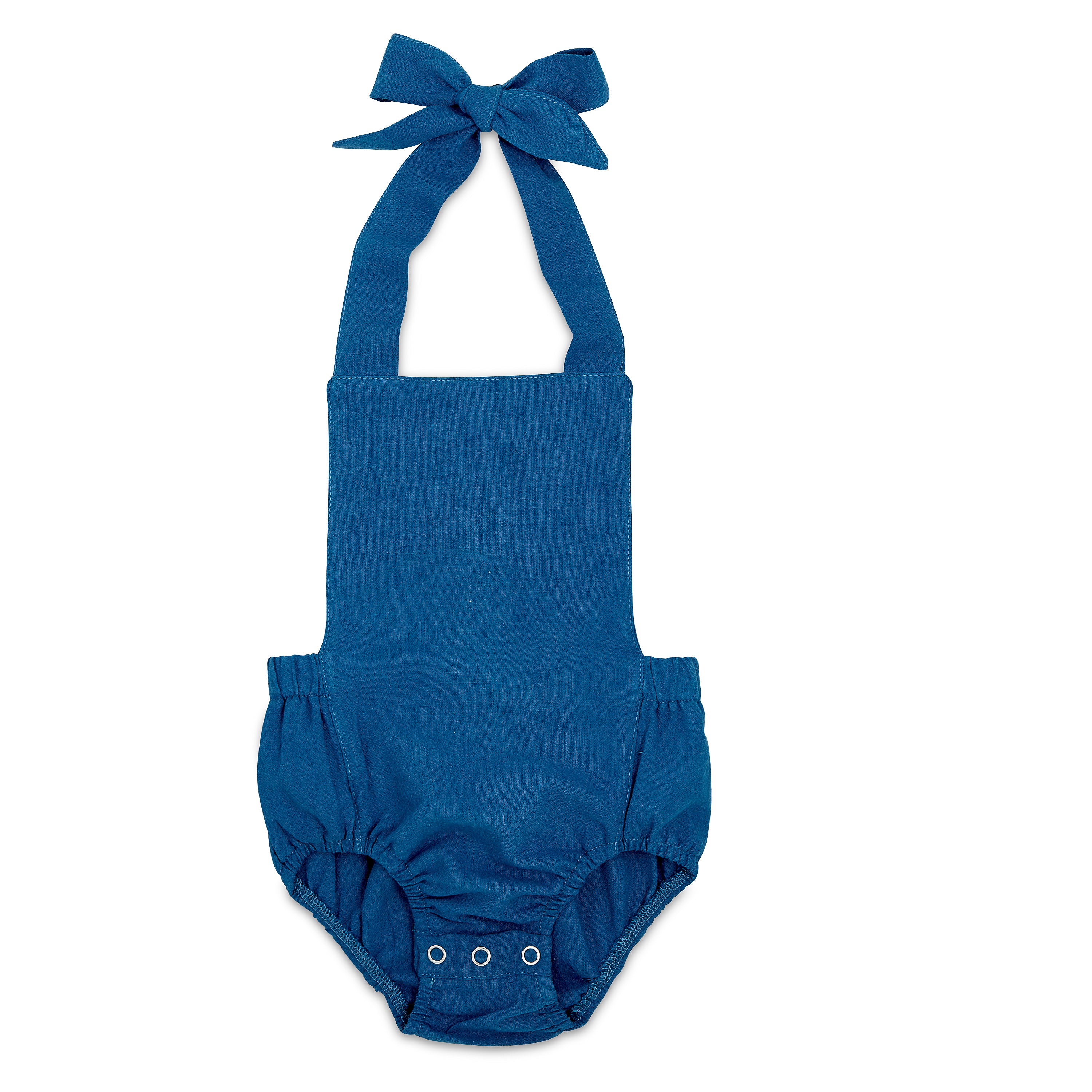 A stylish cobalt halter romper for babies, made from soft linen with diaper snaps.