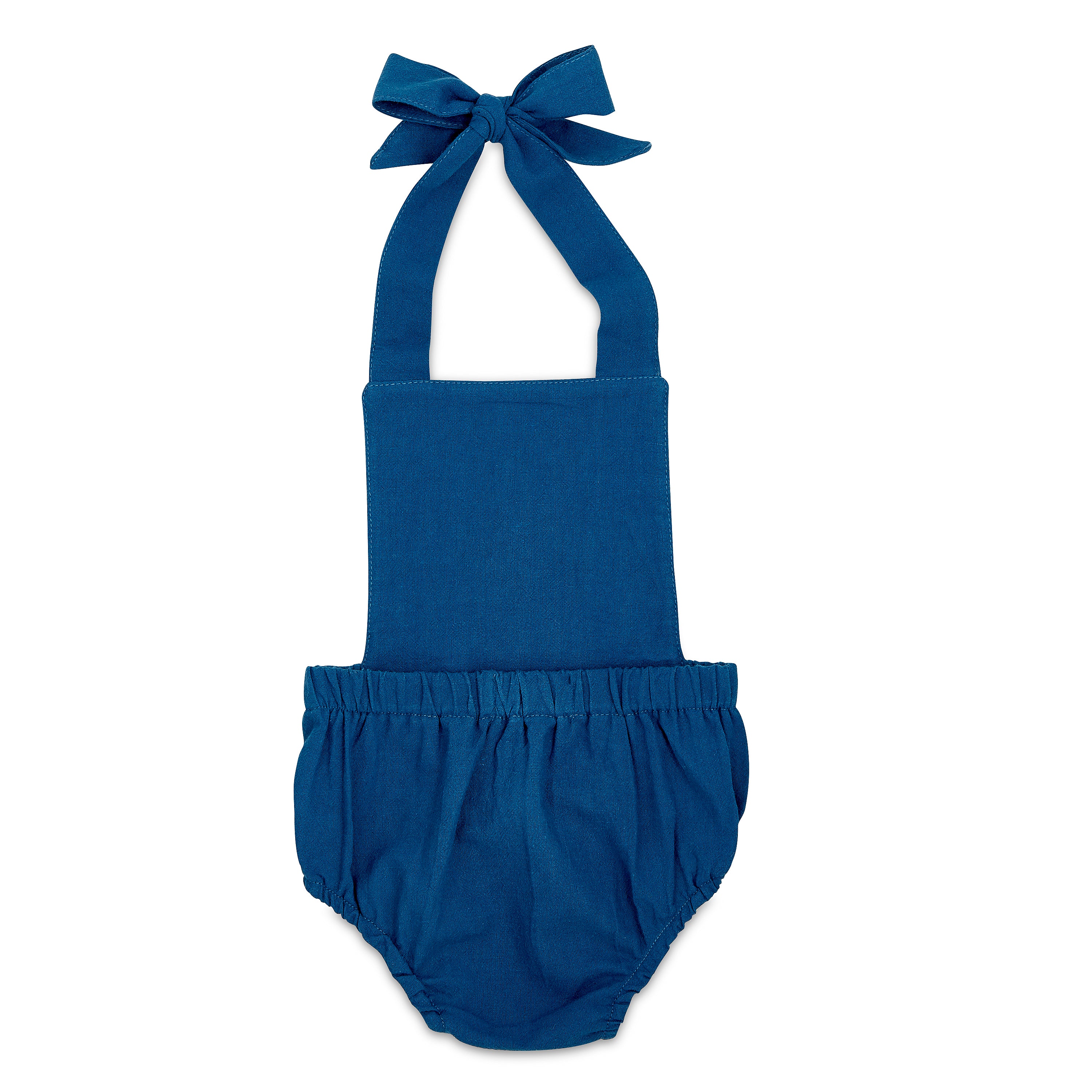 A stylish cobalt halter romper for babies, made from soft linen with diaper snaps.