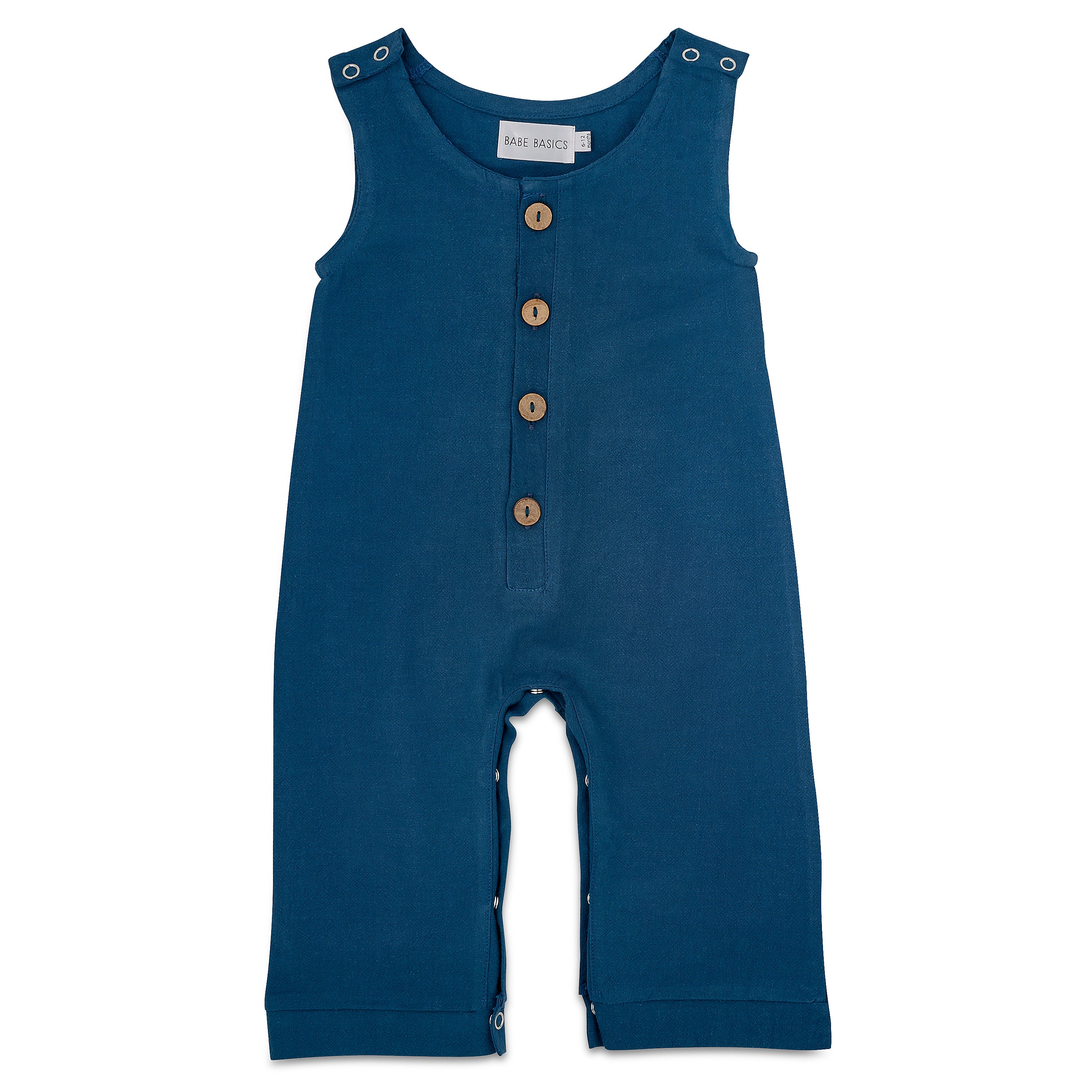 Cobalt Linen Basic Romper for babies, featuring diaper snaps and a stylish design, perfect for any occasion.