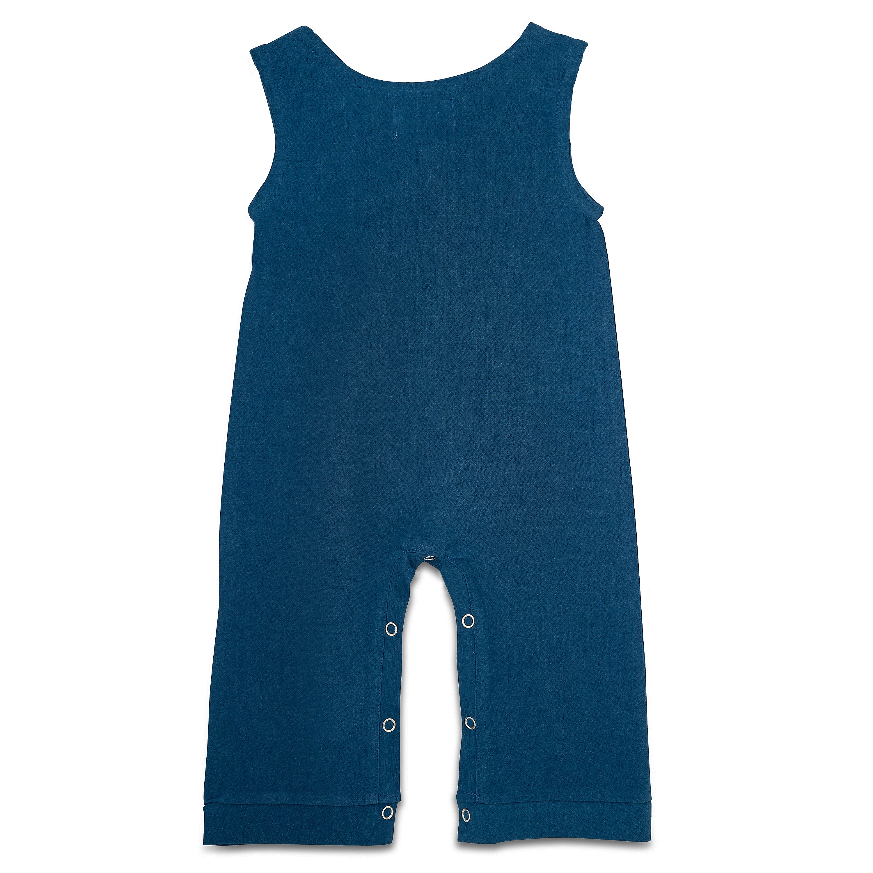 Cobalt Linen Basic Romper for babies, featuring diaper snaps and a stylish design, perfect for any occasion.