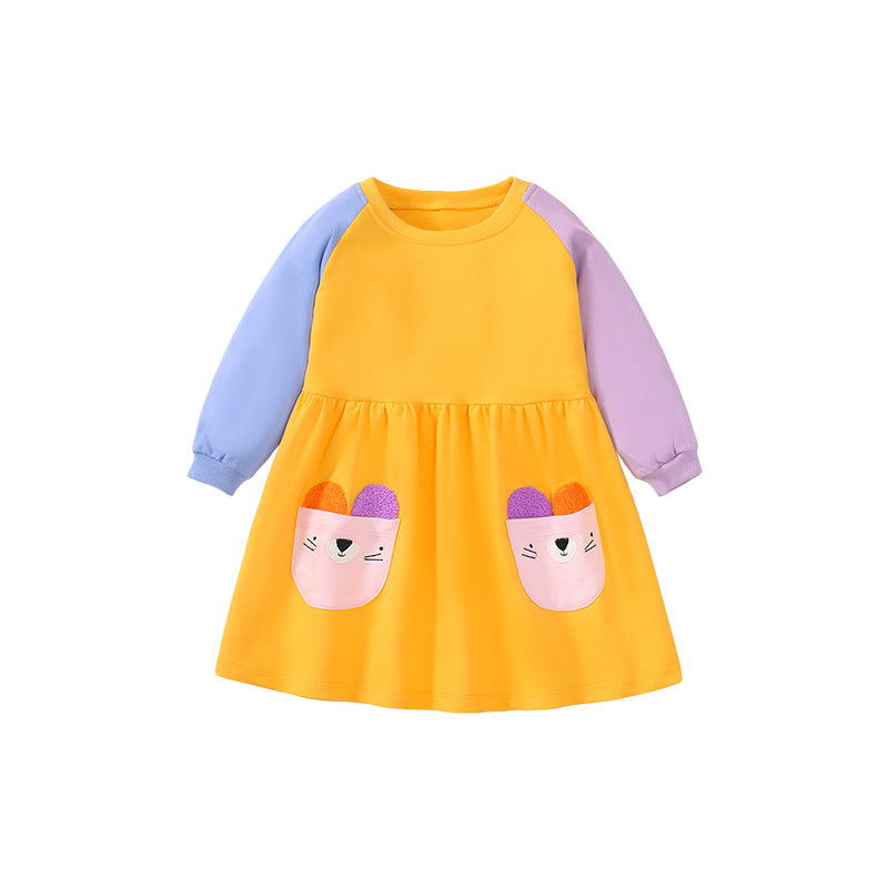 A vibrant yellow hoodie dress for girls featuring a cute cartoon pattern, perfect for autumn wear.