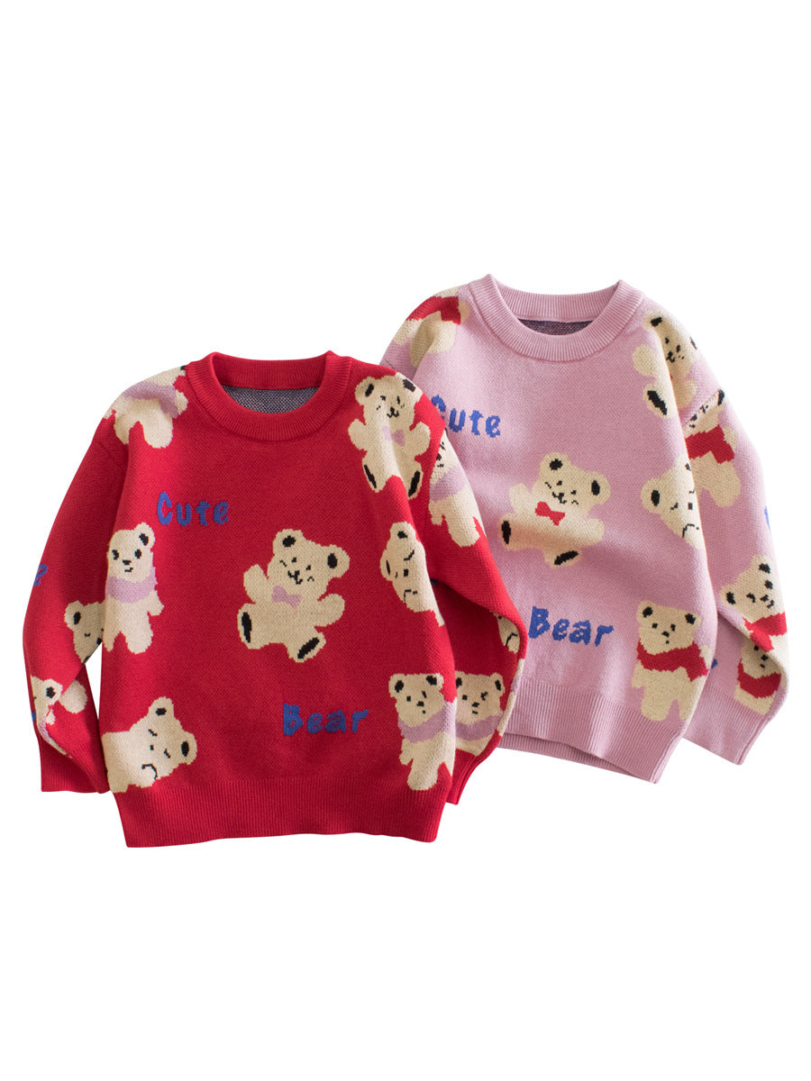 A cute teddy bear pullover sweater for girls in red and pink colors, made of soft cotton, perfect for spring and autumn wear.