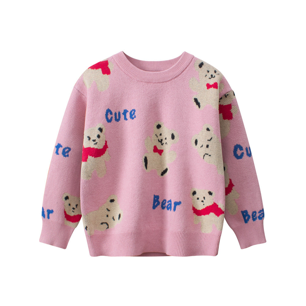 A cute teddy bear pullover sweater for girls in red and pink colors, made of soft cotton, perfect for spring and autumn wear.