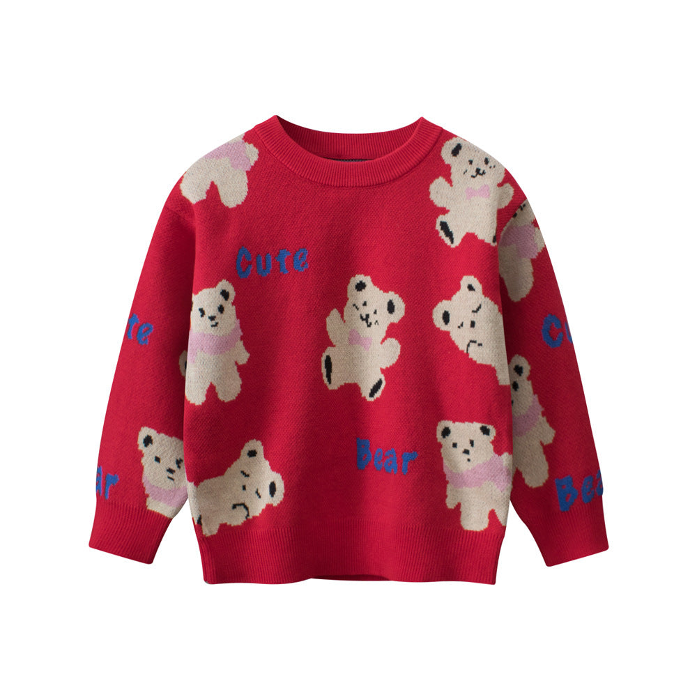 A cute teddy bear pullover sweater for girls in red and pink colors, made of soft cotton, perfect for spring and autumn wear.