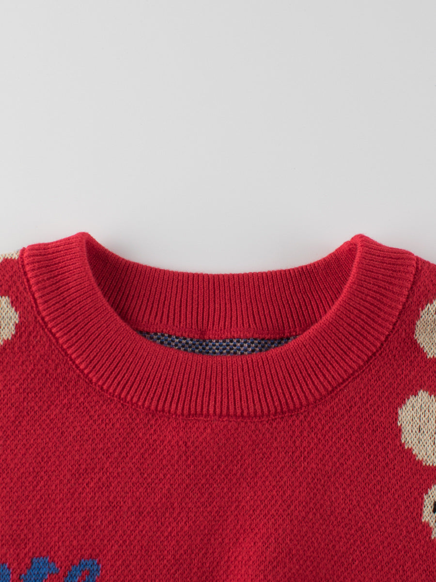 A cute teddy bear pullover sweater for girls in red and pink colors, made of soft cotton, perfect for spring and autumn wear.