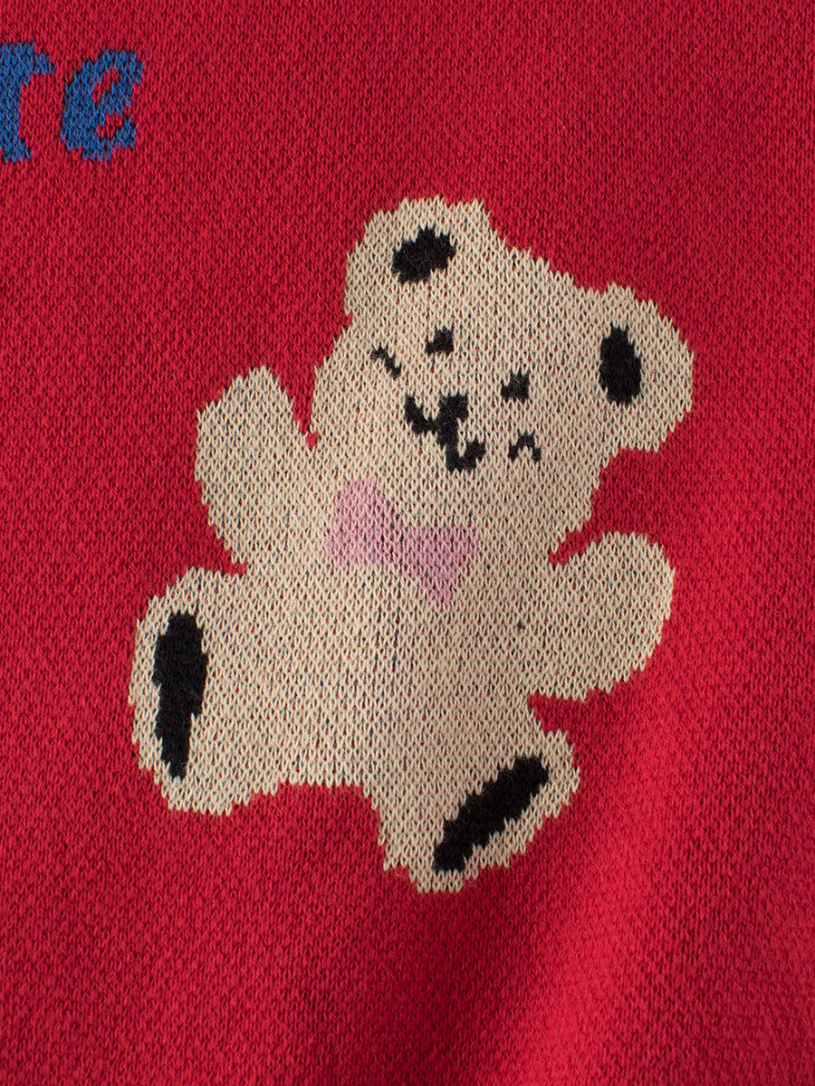 A cute teddy bear pullover sweater for girls in red and pink colors, made of soft cotton, perfect for spring and autumn wear.