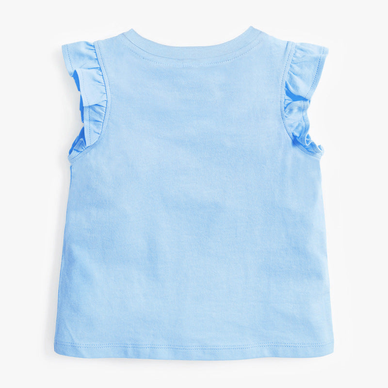 A blue sleeveless girls' t-shirt featuring a cute rabbit cartoon print and ruffle sleeves, perfect for summer wear.