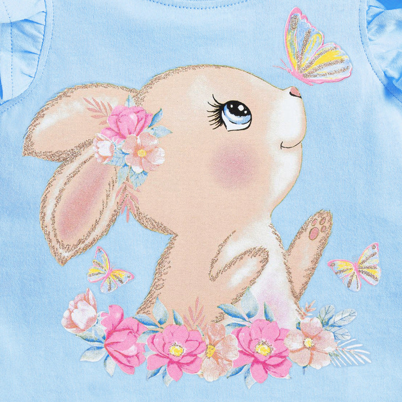 A blue sleeveless girls' t-shirt featuring a cute rabbit cartoon print and ruffle sleeves, perfect for summer wear.