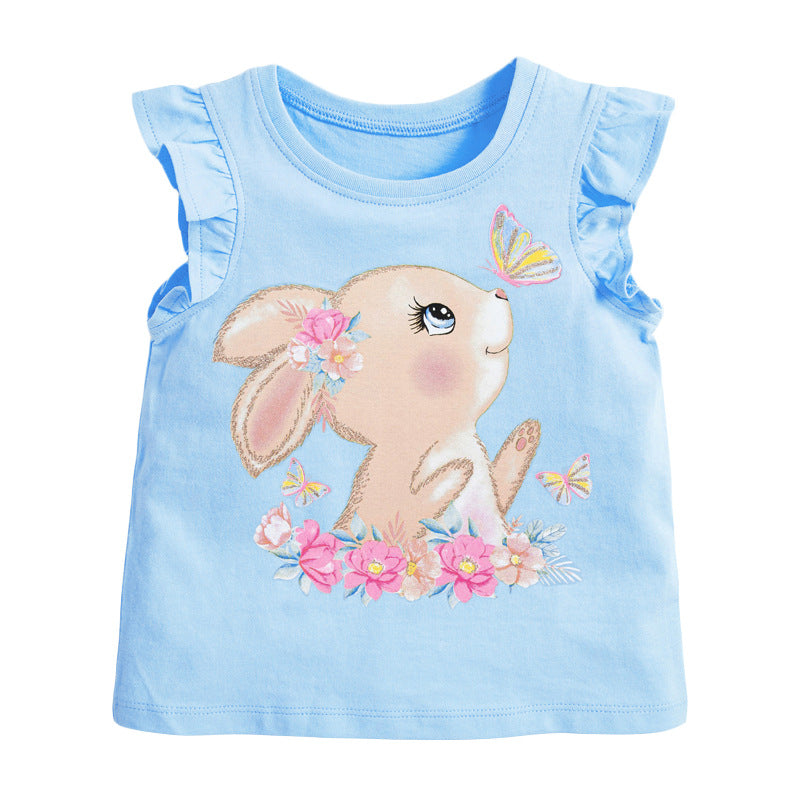 A blue sleeveless girls' t-shirt featuring a cute rabbit cartoon print and ruffle sleeves, perfect for summer wear.