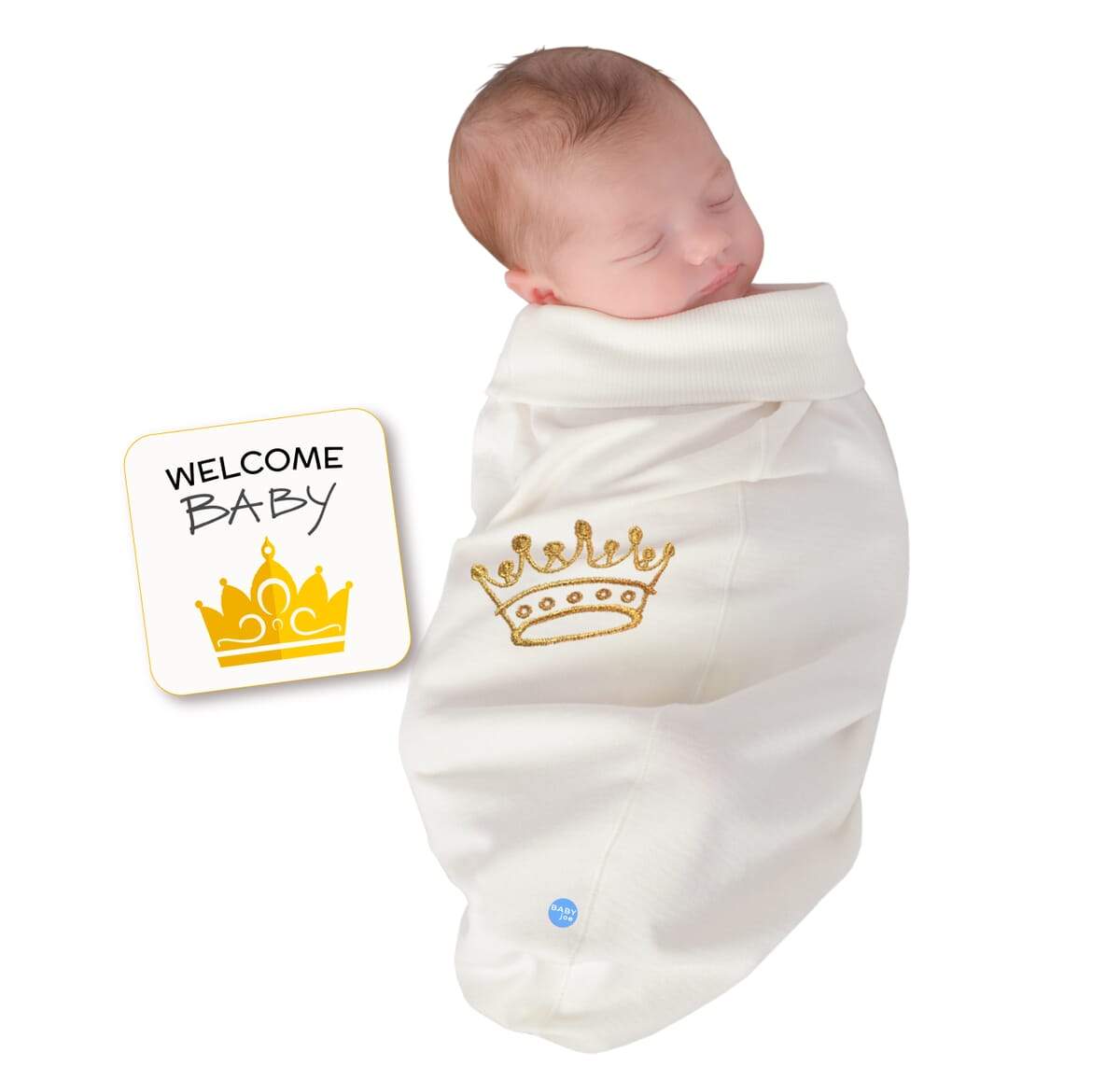 Crown Baby cocoon swaddle set featuring soft fabric, matching headpiece, and announcement card, perfect for newborns.