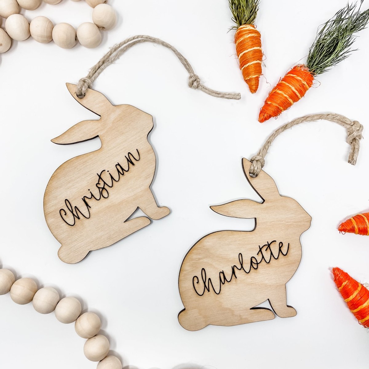 Custom Bunny Silhouette Name Tag made from birch plywood, engraved with a personalized name, perfect for Easter baskets.