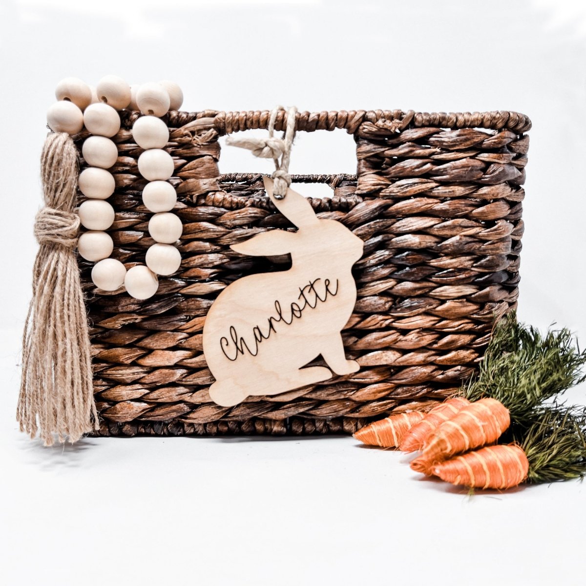 Custom Bunny Silhouette Name Tag made from birch plywood, engraved with a personalized name, perfect for Easter baskets.