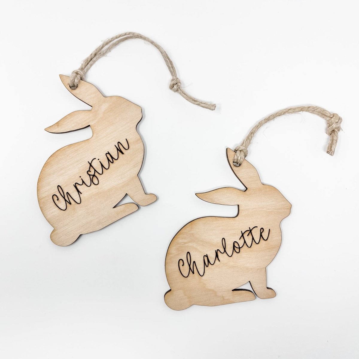 Custom Bunny Silhouette Name Tag made from birch plywood, engraved with a personalized name, perfect for Easter baskets.