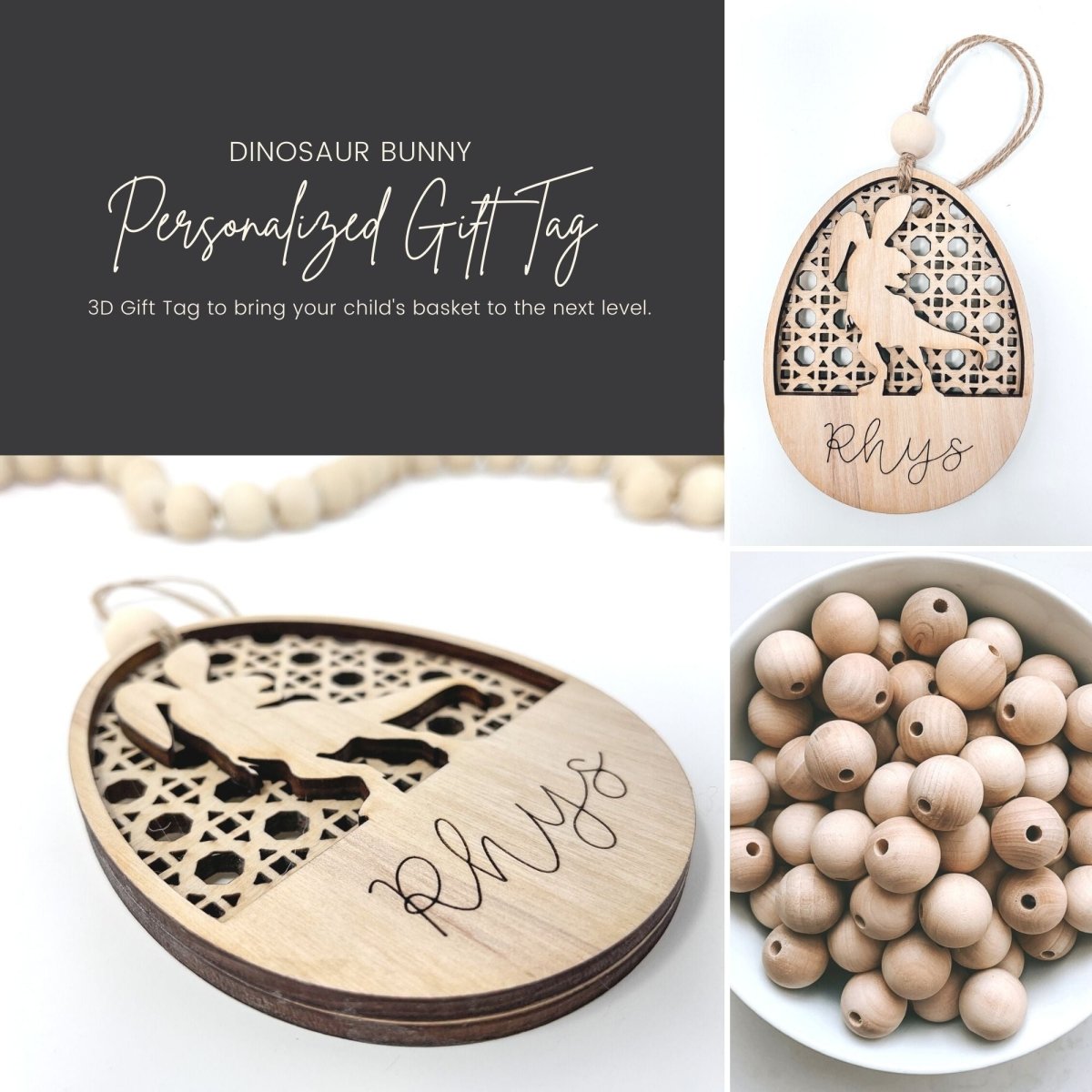 Custom Easter Basket Name Tag made of laser-cut birch plywood, engraved with a personalized name, perfect for Easter celebrations.