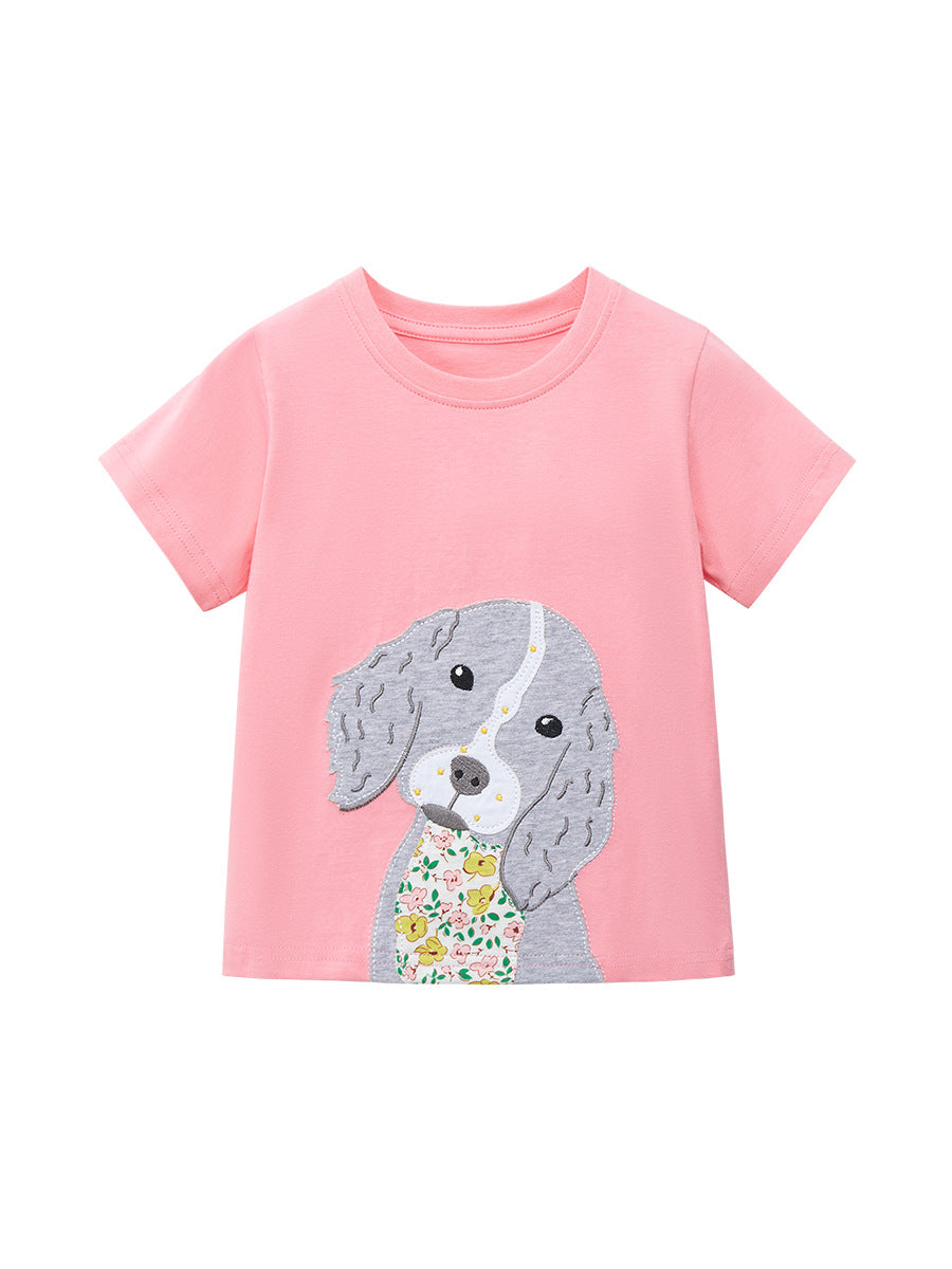 Cute Knit Round Neck Peppy Dog Cartoon Girls’ T-Shirt in pink, featuring a playful dog design, perfect for summer wear.