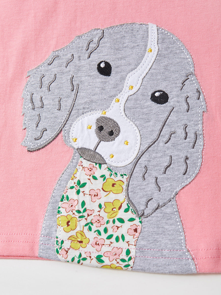 Cute Knit Round Neck Peppy Dog Cartoon Girls’ T-Shirt in pink, featuring a playful dog design, perfect for summer wear.