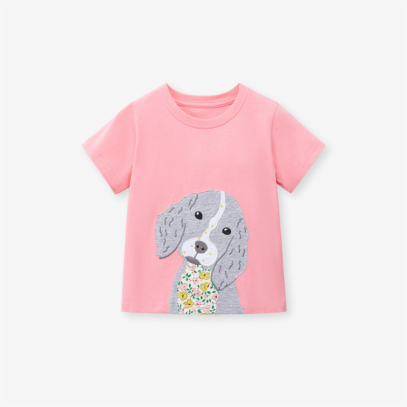 Cute Knit Round Neck Peppy Dog Cartoon Girls’ T-Shirt in pink, featuring a playful dog design, perfect for summer wear.