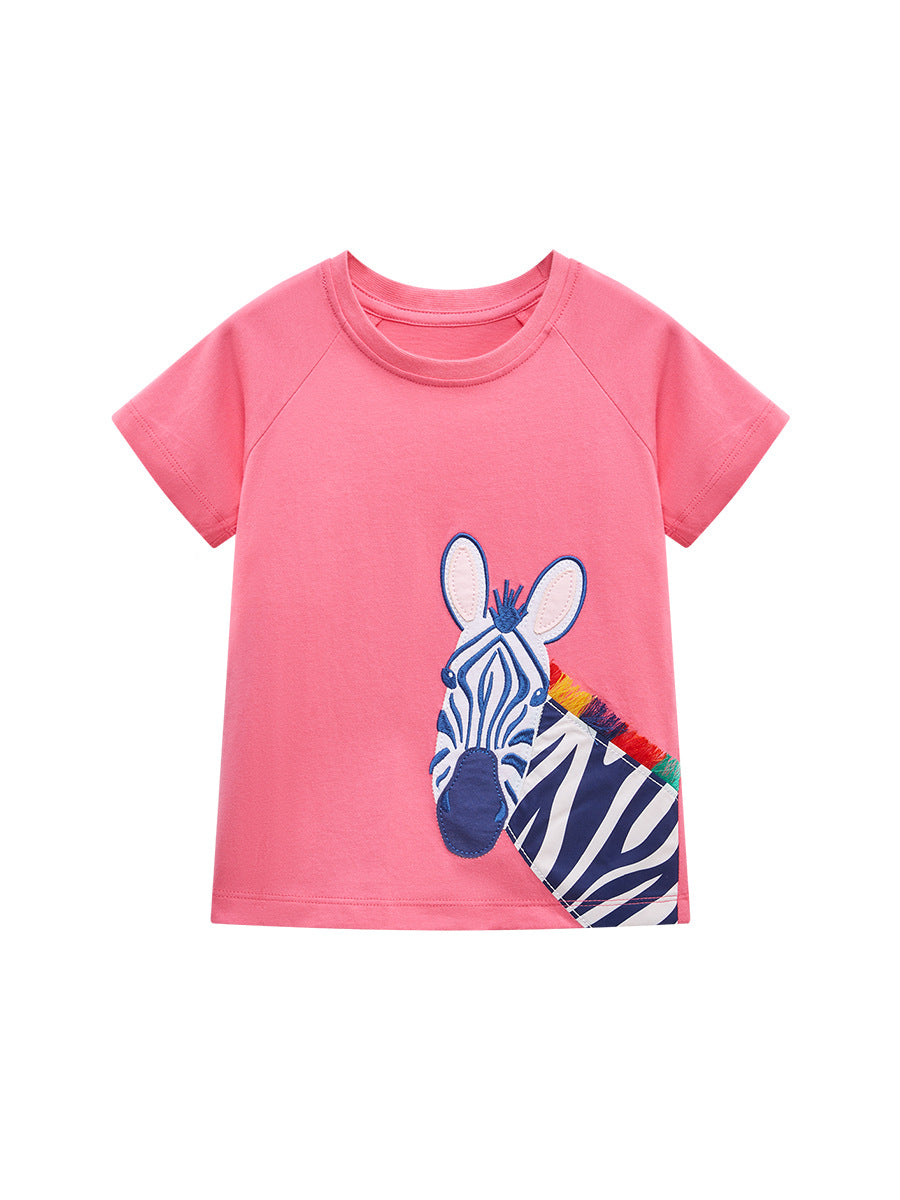 Cute pink knit t-shirt featuring a zebra cartoon design for girls, perfect for summer wear.