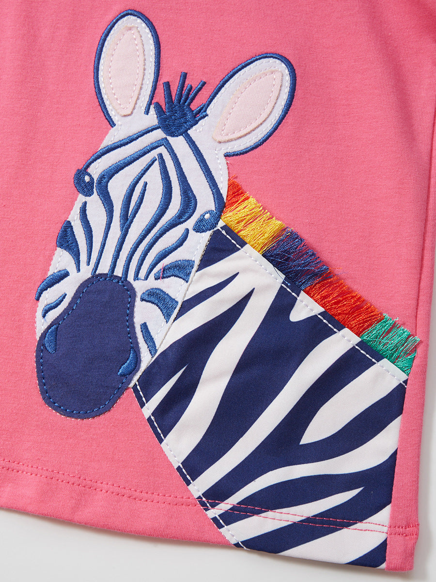 Cute pink knit t-shirt featuring a zebra cartoon design for girls, perfect for summer wear.