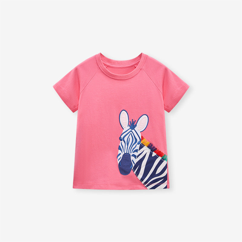 Cute pink knit t-shirt featuring a zebra cartoon design for girls, perfect for summer wear.