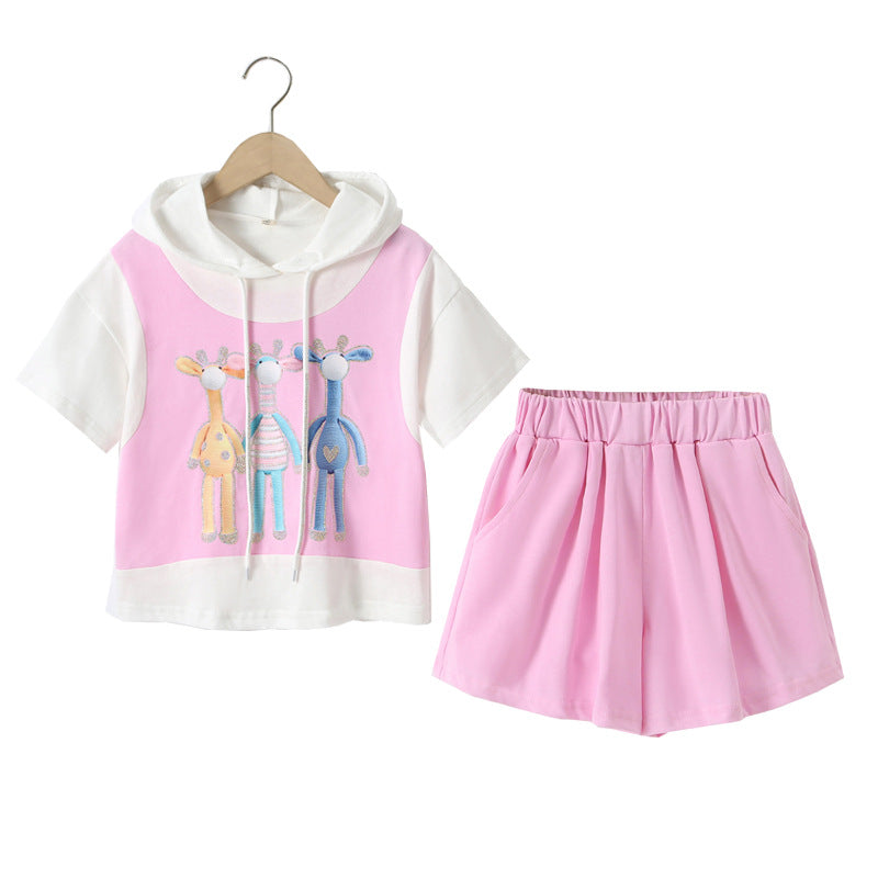 Cute Print Pattern Casual T-Shirt Clothing Set for girls in pink with cartoon designs, perfect for summer wear.