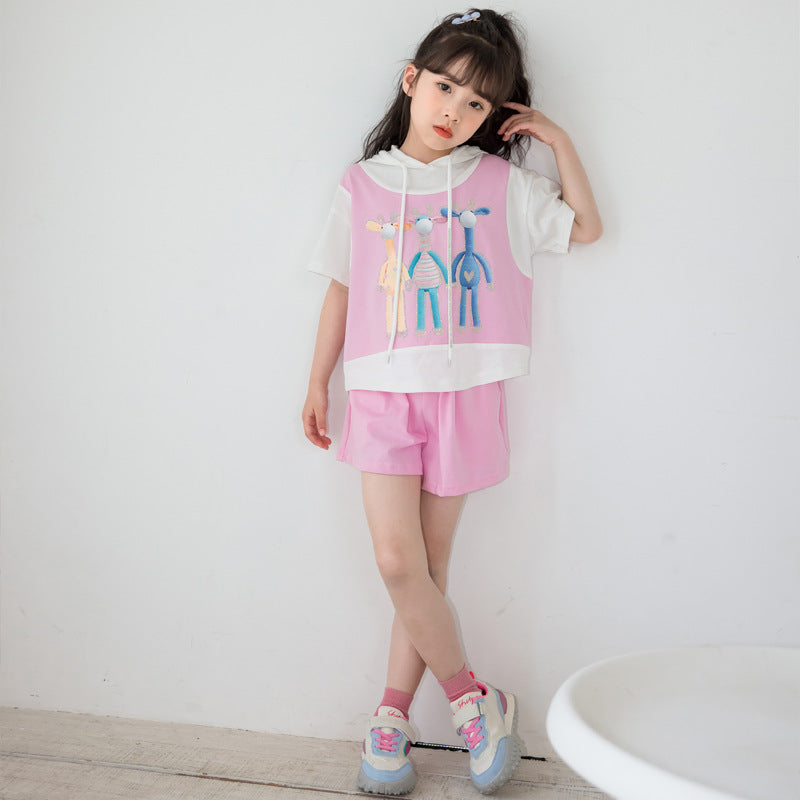 Cute Print Pattern Casual T-Shirt Clothing Set for girls in pink with cartoon designs, perfect for summer wear.